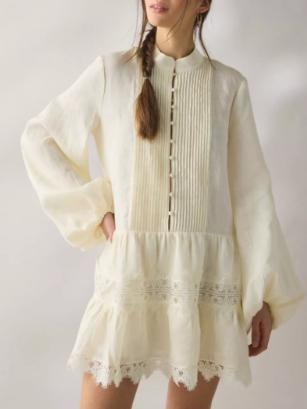 Bardot Antonia Lace Trim Linen Minidress Cream – Small (US 4) – Balloon Sleeves